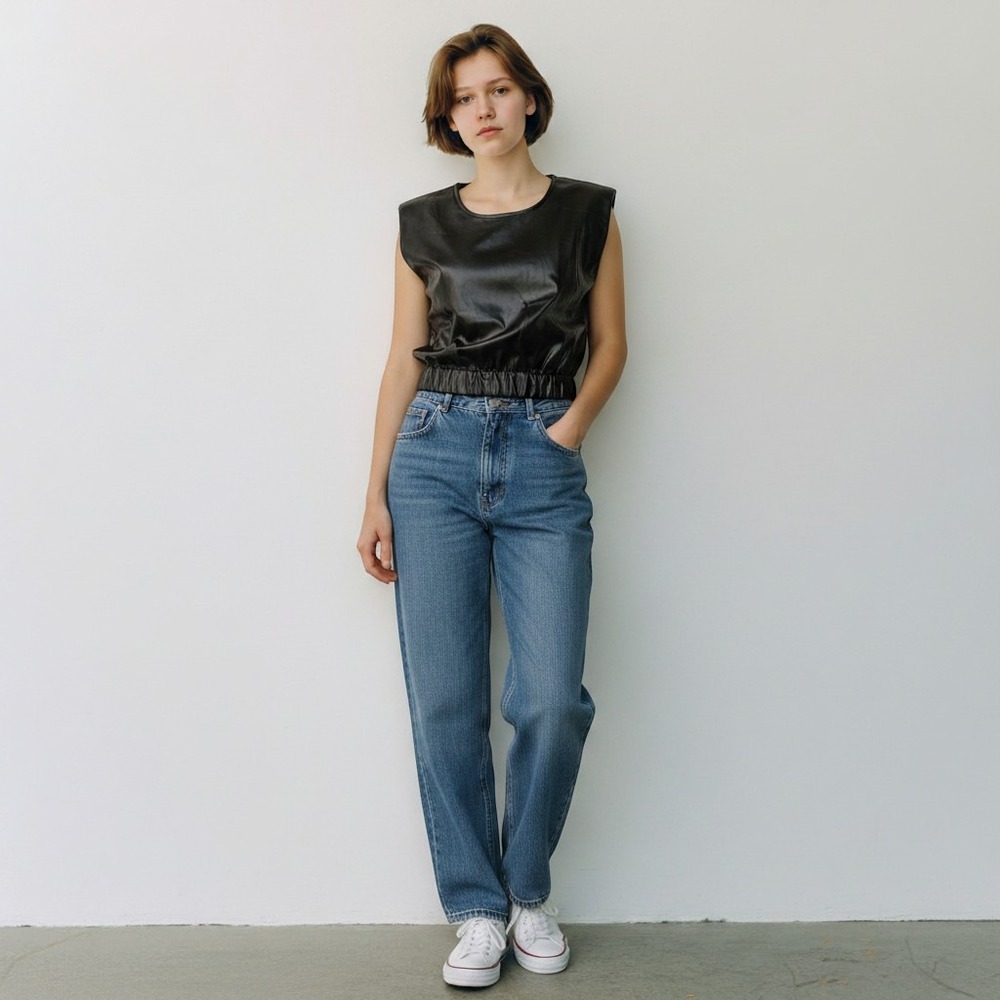 Paper Crane Womens Black Faux Leather Padded Shoulder Crop Top Small TJ91693A